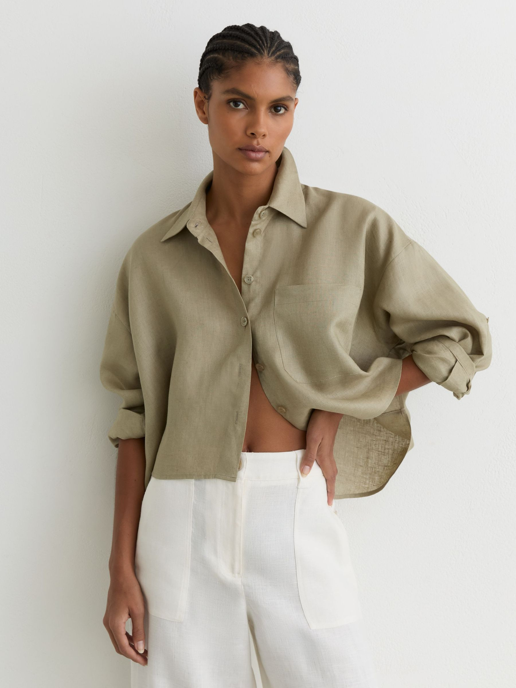 Reiss Linen Oversize Cropped Shirt in Green - REISS | Reiss UK