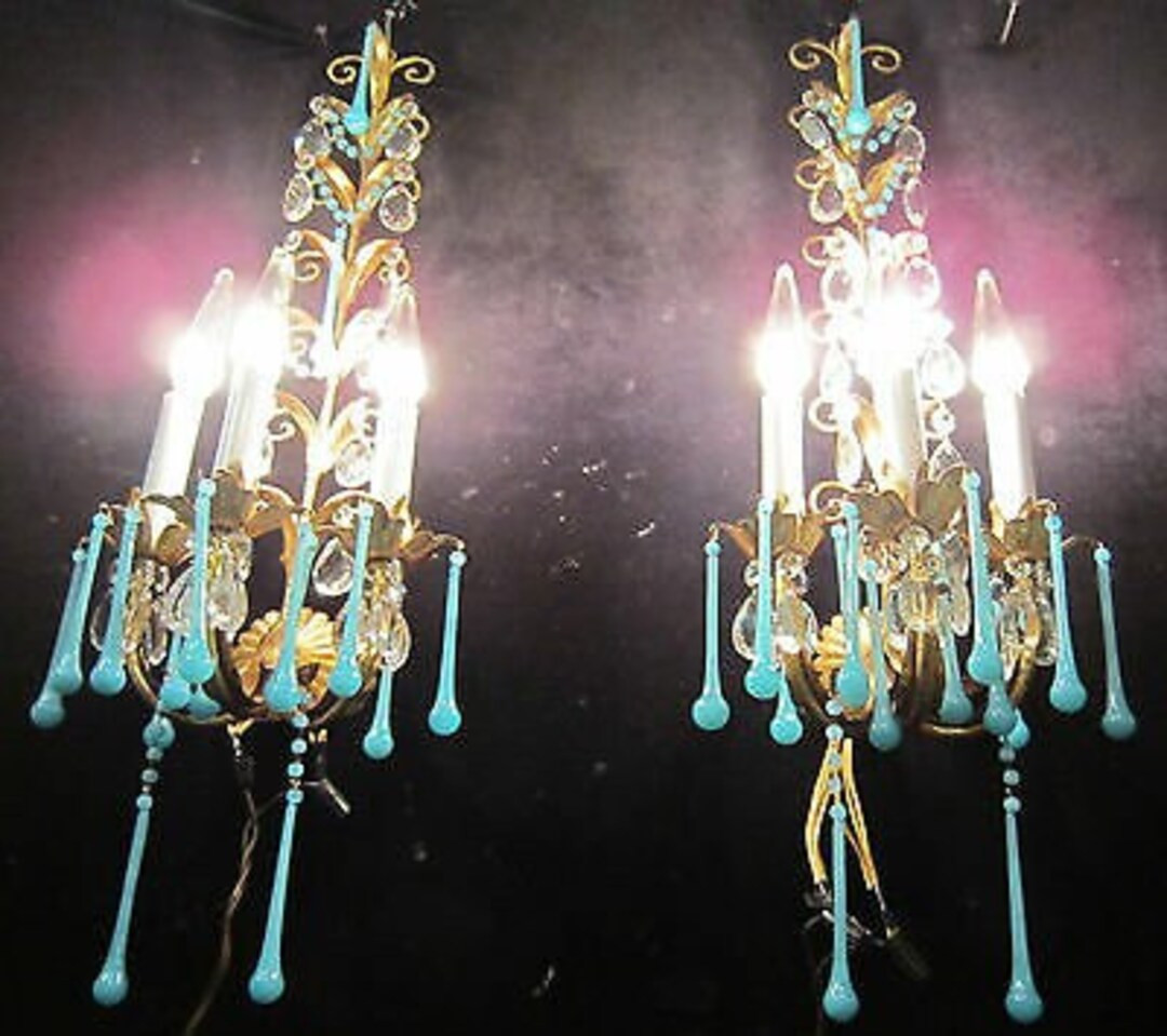 2 Gilt Tole Macaroni Beaded Opaline Blue Sconces Italy Brass Look Vintage Tulip | Etsy (US)
