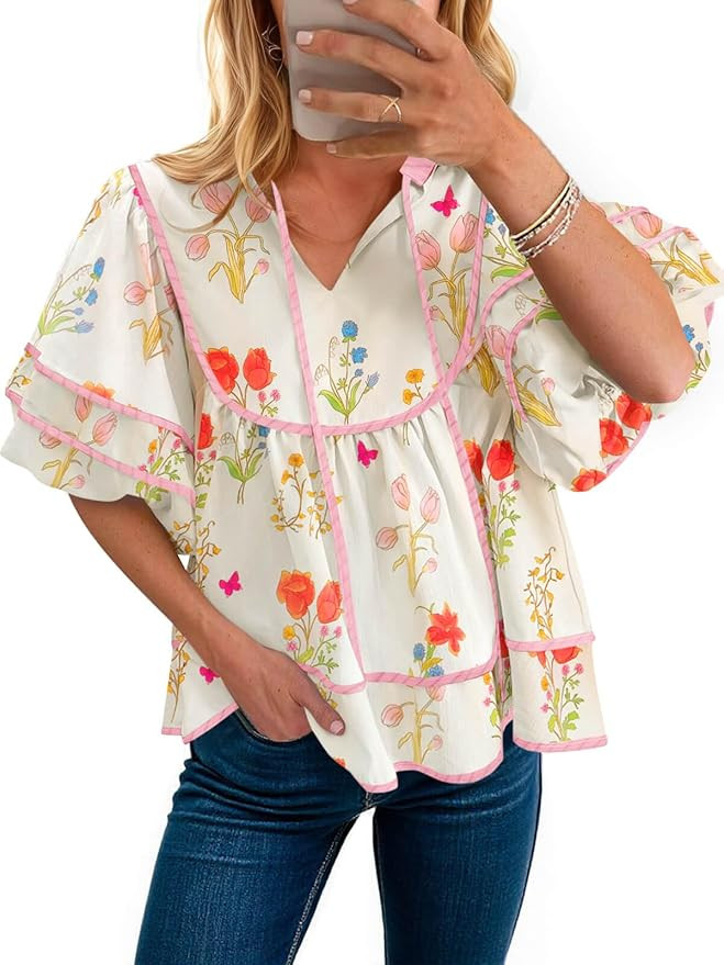 Cicy Bell Womens Summer Floral Babydoll Tops V Neck Short Lantern Sleeve Shirts Cute Loose Fit Fl... | Amazon (US)