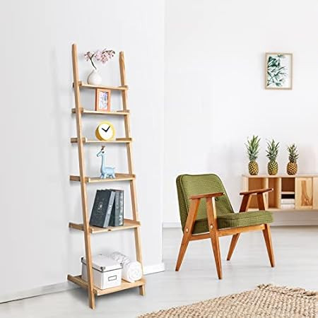 Wooden 5-Tier Ladder Shelf Bookshelf, Wall-Leaning Bookshelf, Plant Flower Stand, Storage Display Sh | Amazon (US)