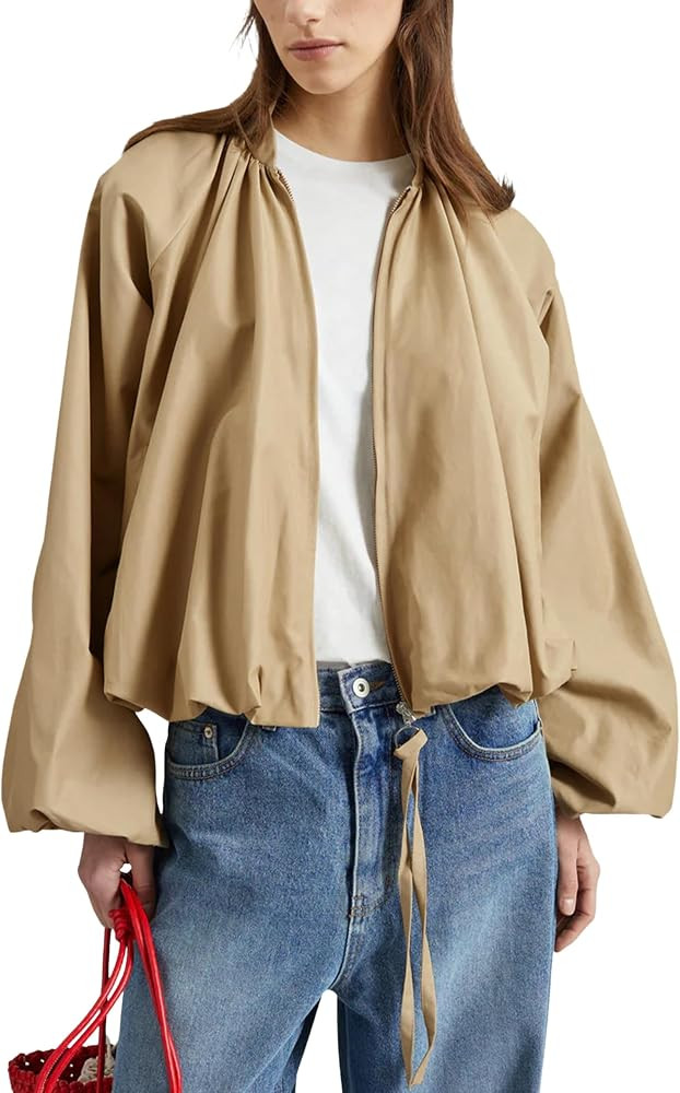 Lviefent Womens Puff Bomber Jacket Casual Batwing Sleeve Stand Collar Zip Up Pleated Jacket Windb... | Amazon (US)