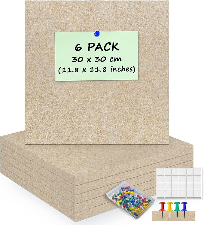 6 Pack Cork Board Felt Bulletin Board with 60 Push Pins, 1/2" Thick Pinboard Square Tiles for Wal... | Amazon (US)