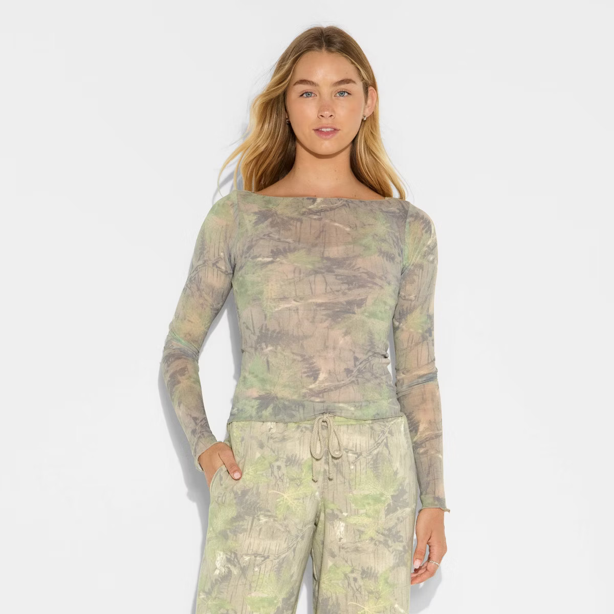 Women's Long Sleeve Boat Neck Henley Shirt - Wild Fable™ Camo M | Target