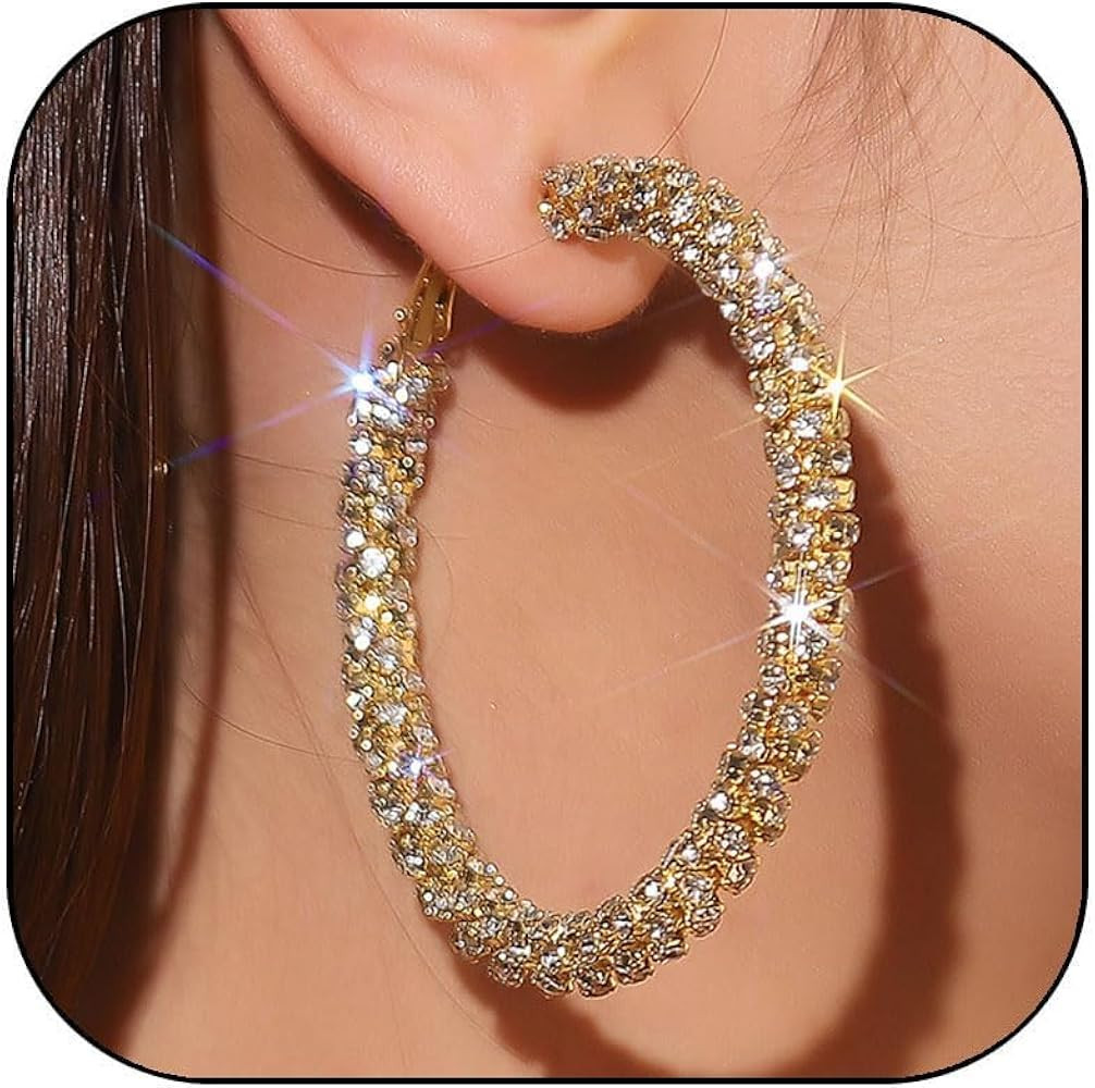 Rhinestone Hoop Earrings for Women Large Hoop Earrings Statement Sparkly Bling Hoops for Prom Wed... | Amazon (US)