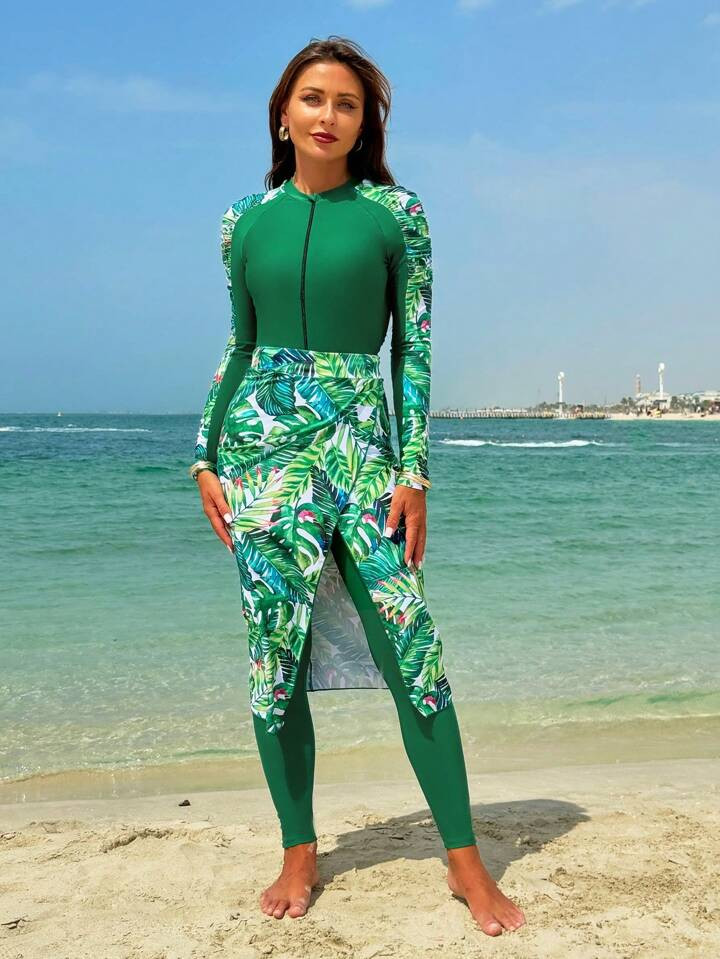SHEIN Swim Mulvari Women One-Piece Swimsuit Three-Piece Set, No Underwire, Random Print, Green Sp... | SHEIN