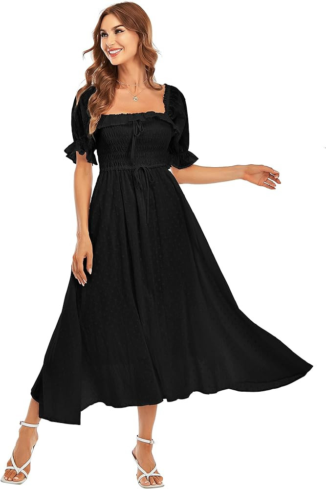 R.YIposha Women Vintage Elastic Square Neck Ruffled Half Sleeve Summer Backless Beach Flowy Maxi ... | Amazon (US)