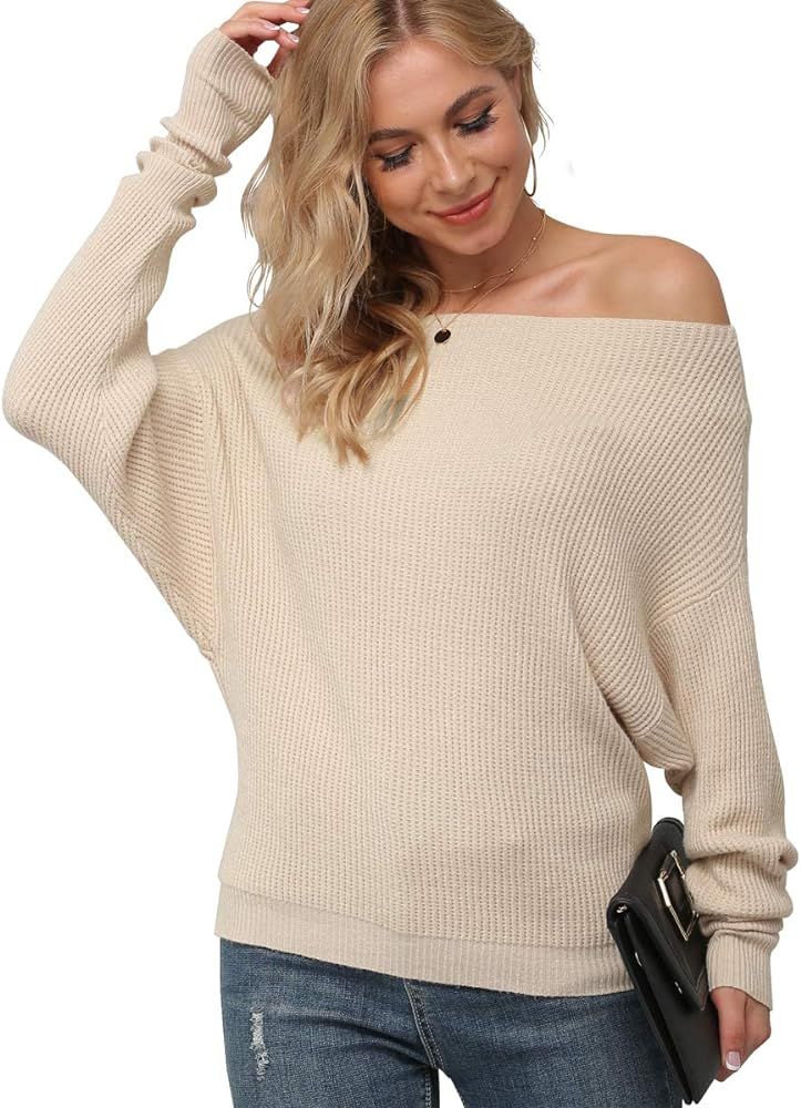 IWOLLENCE Women's Off Shoulder Waffle Knit Sweater Batwing Long Sleeve Loose Pullover Knit Jumper | Amazon (US)