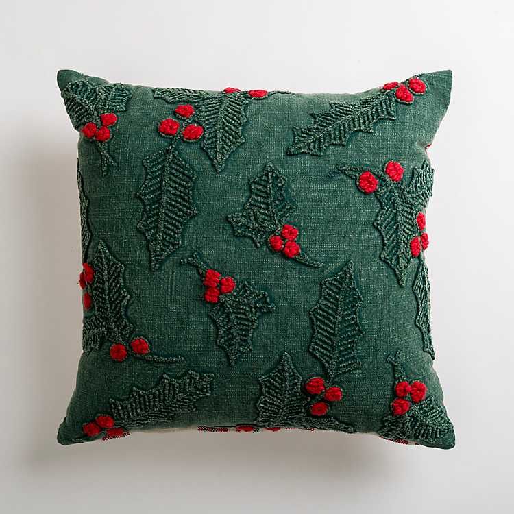 New! Embroidered Green Holly Christmas Pillow | Kirkland's Home