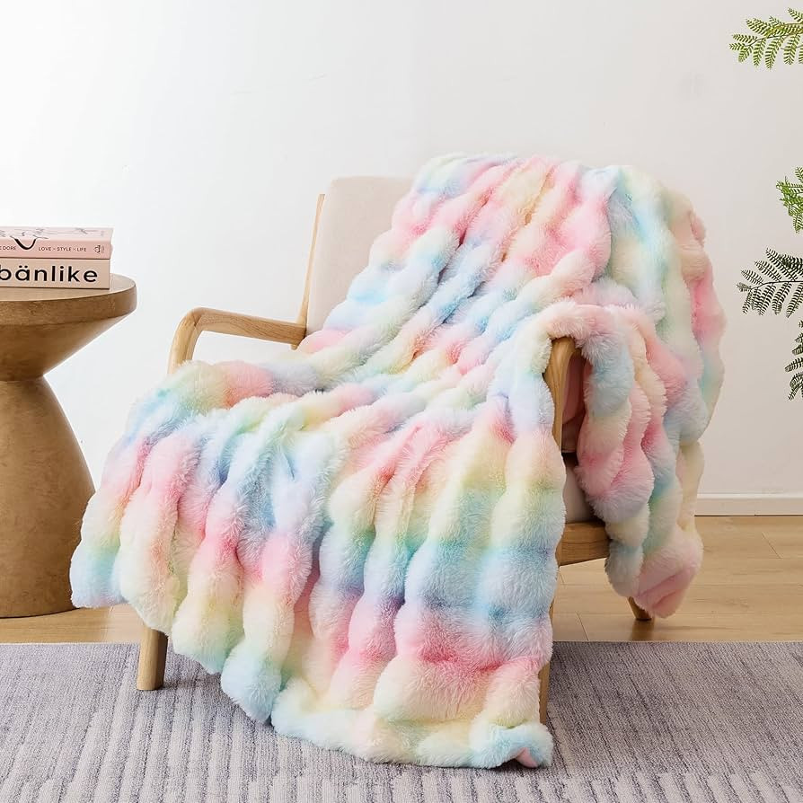 Smoofy Faux Fur Throw Blanket for Couch Rabbit Fleece - Rainbow Fluffy Blanket for Sofa Bedroom L... | Amazon (US)