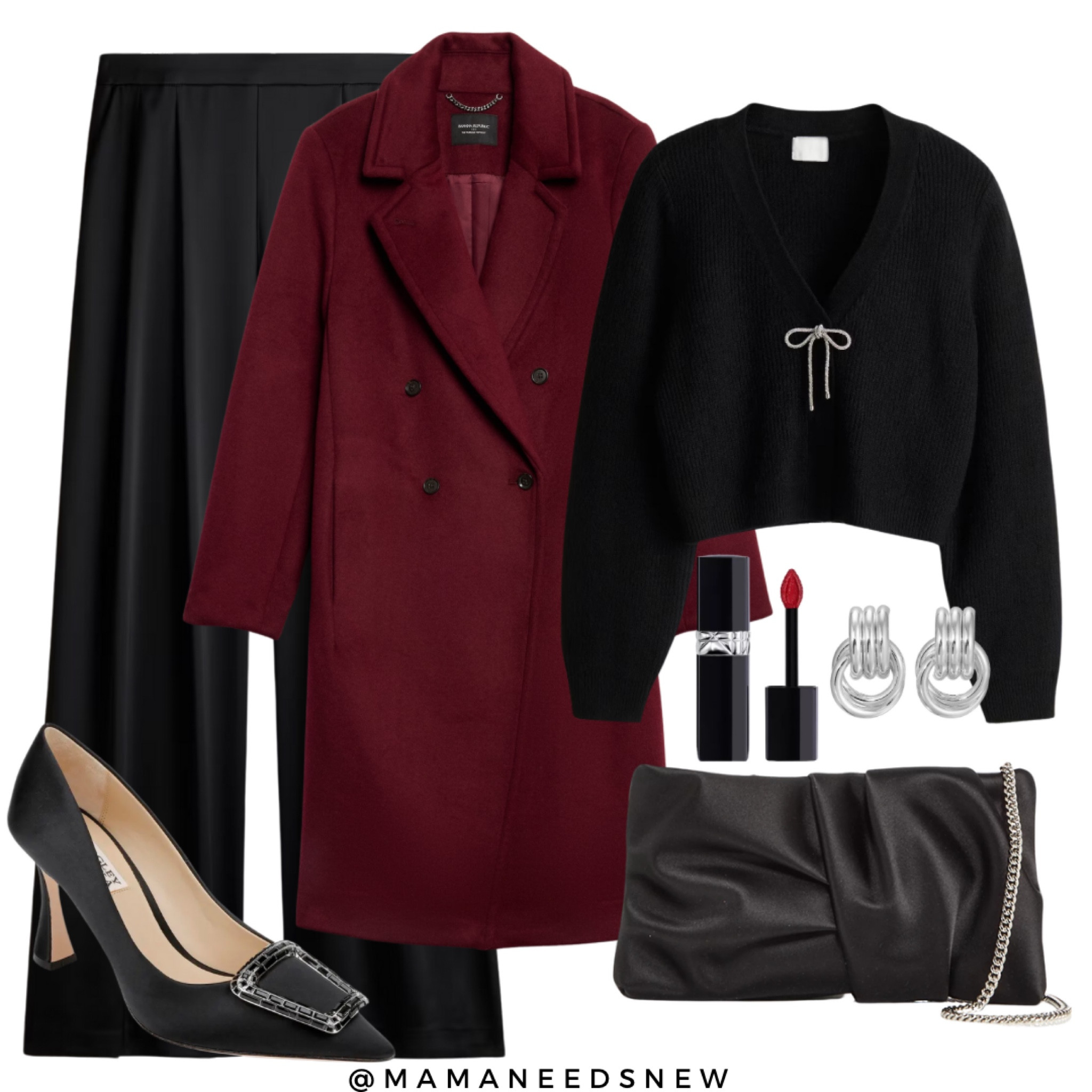 A holiday outfit with a burgundy coat, bow front cardigan, satin pants, heels & bag

#LTKParties #LTKHoliday #LTKSeasonal