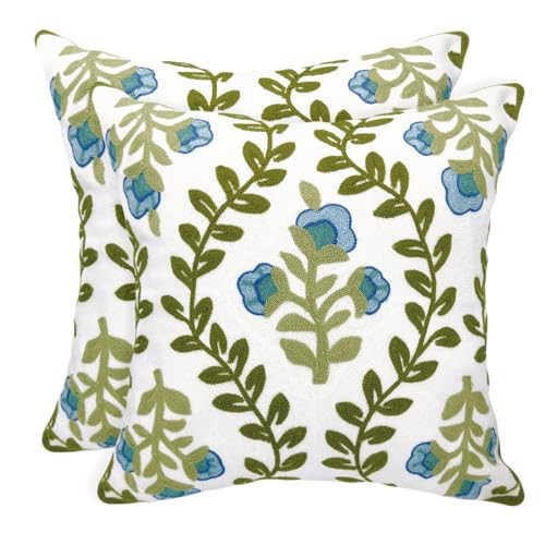 Alysheer Floral Embroidered Spring Decorative Throw Pillow Covers 18"x 18" Set of 2, Farmhouse Blue Flowers Green Vines Patterned Cotton Cushion Cases for Couch Bed Living Room Cottage Decor | Amazon (US)