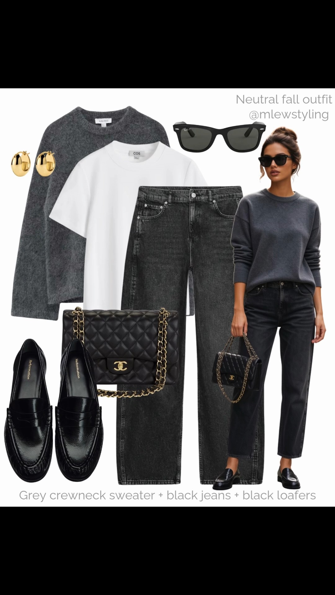 Neutral fall outfit 🖤

Tags: new in Zara black denim jeans, cos white tee, grey crew neck sweater, reformation leather loafers, Chanel flap bag, rayban wayfarer sunglasses, casual workwear, autumn office outfit, capsule wardrobe, outfit formulas

#LTKfall #LTKjeans #LTKshoes
