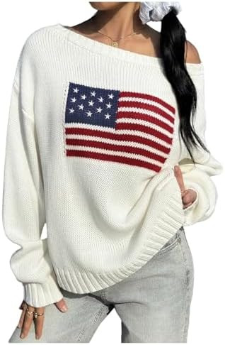 SHENHE Women's Oversized American Flaf Sweaters Off The Shoulder Knit Sweater Pullover | Amazon (US)