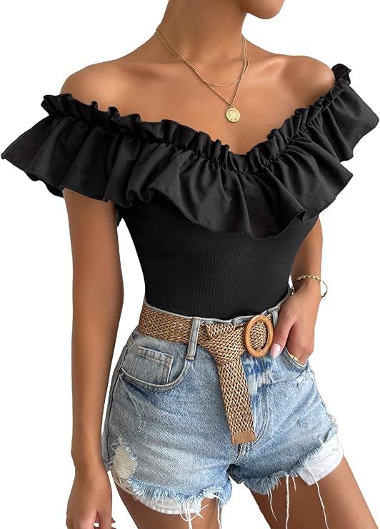 OYOANGLE Women's Flounce Sleeve Elegant Off Shoulder Ruffle Trim Crop Tee Casual T Shirt Top | Amazon (US)