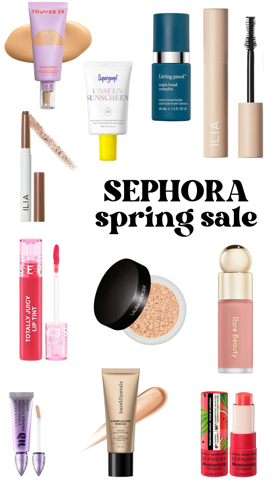 Everything I ordered from the Sephora sale! Restocking some tried and true favorites and also added a few new-to-me finds I read about that had great reviews.

My favorites: 

Tower 28 Tinted Sunscreen Foundation: My skin, but better. A favorite for that no-makeup makeup look. 

Living Proof Triple Bond Complex: I swear by this for strengthening my hair. I add a little to damp hair before drying. 

Supergoop Unseen Sunscreen: You won't find a lighter weight sunscreen out there with ZERO white cast. Feels more like a primer on my face than sunscreen. 

Sephora Collection Moisturizing Lip Balm: A lovely little moisturizing staple with a pop of color. 
ILIA Volumizing Mascara: My go-to for years. It gives you the fluffiest, longest lashes.

Bare Minerals Complexion Correction: Another one I've been loyal to for years. Great for naturally covering some of my pinky undertones and I swear it improves my skin. 

Trying-for-the-first-time finds: 

Rare Beauty Liquid Blush: Because everyone swears by this one! Apparently a little drop is all you need. 

Urban Decay Eyeshadow Primer: I read that this one is good for crepey eye skin to prevent creases and I was sold. 

ILIA eyeshadow stick: Ordered this as a clean alternative of the Julep brand I love. 
Sephora Totally Juicy Lip Tint: At 30% off I couldn't resist trying this one out. 



#LTKSaleAlert #LTKFindsUnder50 #LTKBeauty