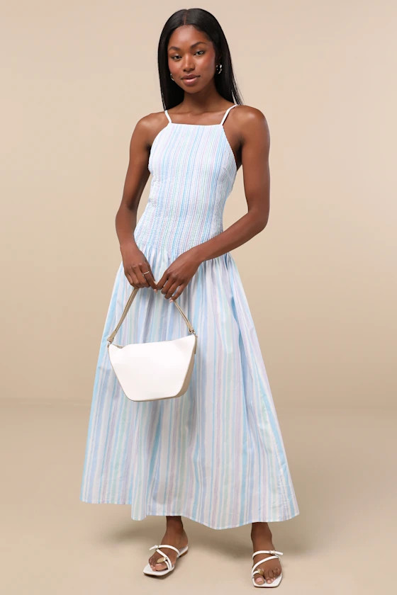 Jalessa Light Blue Multi Striped Drop Waist Midi Dress | Lulus
