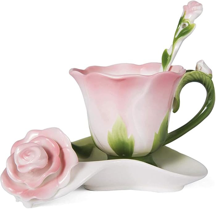ONEUSTAR Pink Tea Cup and Saucer Set for 1 Ceramic Hand Crafted Rose Flower Coffee Cup for Mother... | Amazon (US)