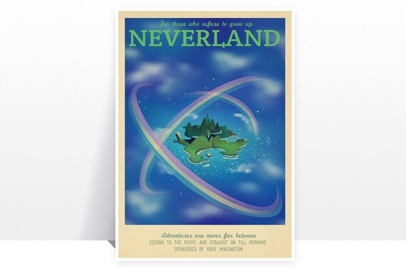 Retro Travel Poster - Disney - Neverland - MANY SIZES - Peter Pan Wendy Captain Hook Magic Kids C... | Etsy (US)