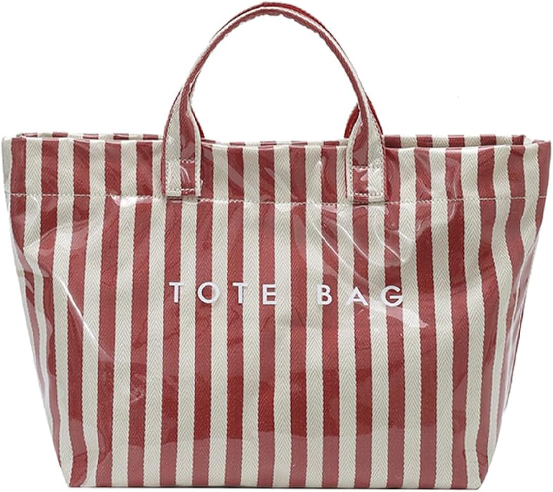 hibear Striped PVC Tote Bag for Women Large Work Totes Plaid Pool Handbag Letter Print Trendy Slo... | Amazon (US)