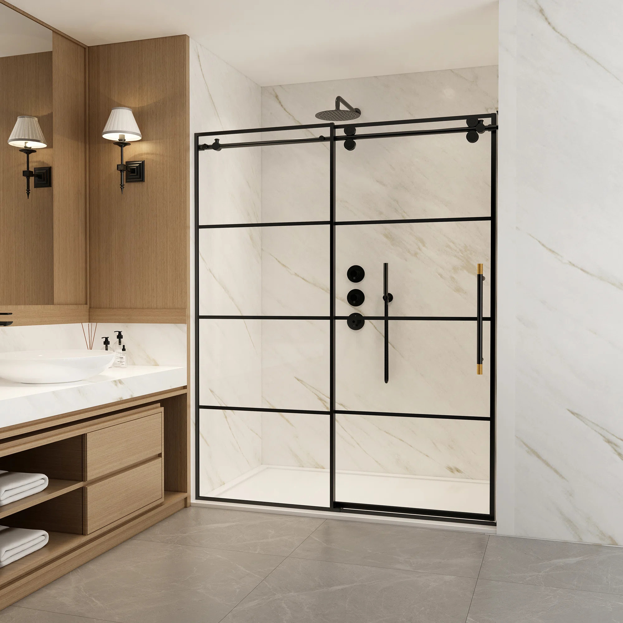 Losar 64" W x 78" H Single Sliding Shower Door in Matte Black 320064-SS-MB | Wayfair North America