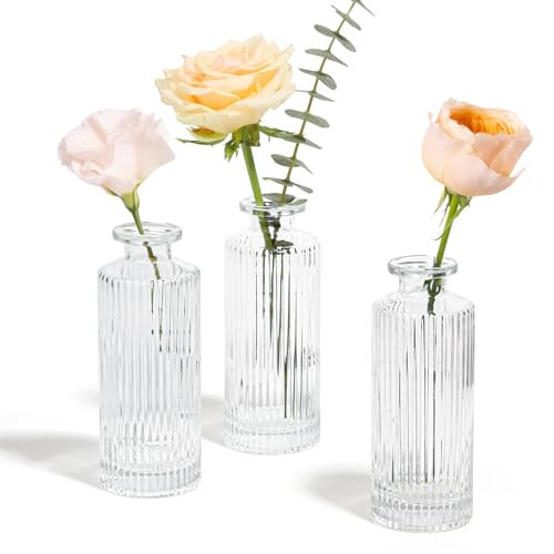 ComSaf Glass Bud Vases Set of 3, Small Flower Vases in Bulk, Mini Ribbed Vases for Centerpieces, Clear Vintage Vase for Table Decorations, Wedding, Party, Receptions, Home Decor (Different Sizes) | Amazon (US)
