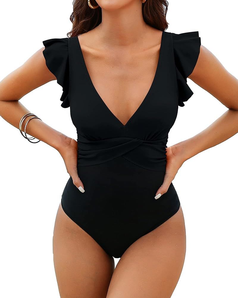 Charmo Ruffle Sleeve V Neck One Piece Swimsuit Women Color Block Tummy Control Ruched 1 Piece Bat... | Amazon (US)