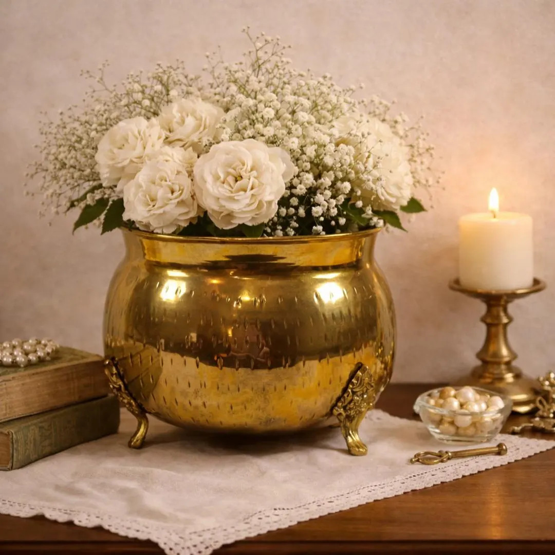 Vintage Brass Footed Bowl Hammered Cachepot Planter Hollywood Regency Table Decor | Etsy (US)