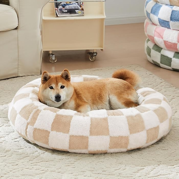 Checkered Dog Bed, Cute Beige Khaki Retro Style Aesthetic Round Warming Pet Calming Beds for Smal... | Amazon (US)