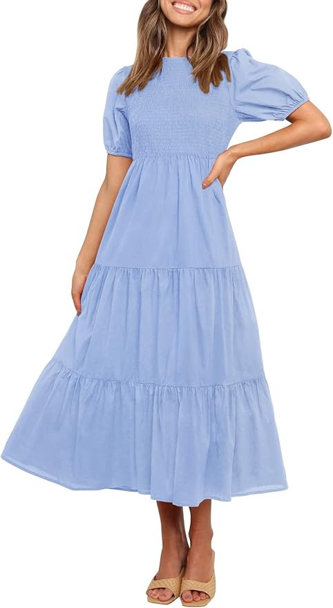 ZESICA Women's 2024 Casual Summer Crew Neck Short Puff Sleeve Smocked High Waist Ruffle Tiered A ... | Amazon (US)