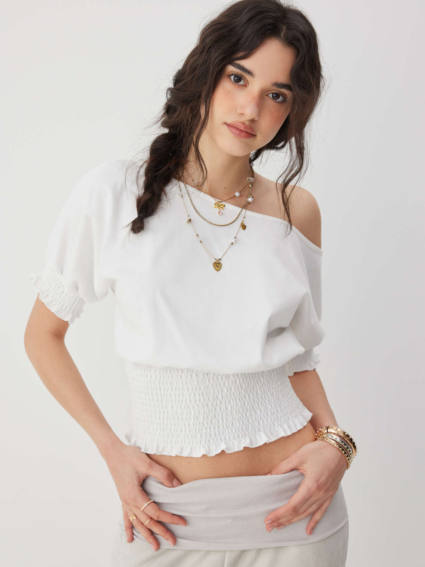 Cotton-blend Asymmetrical Neck Ruffled Sleeve Shirred Oversized Tee | Cider