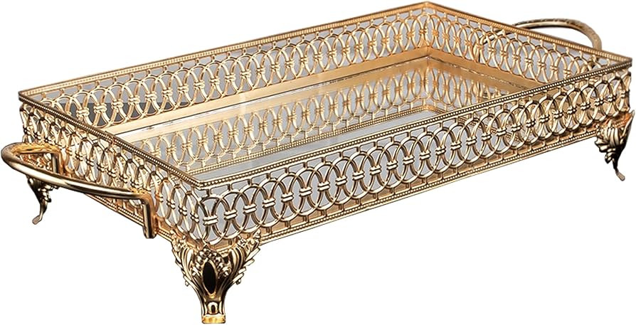Handmade Mirror Gold Trays with Handles, Decorative Perfume Trays, Rectangle Fancy Serving Tray, ... | Amazon (US)