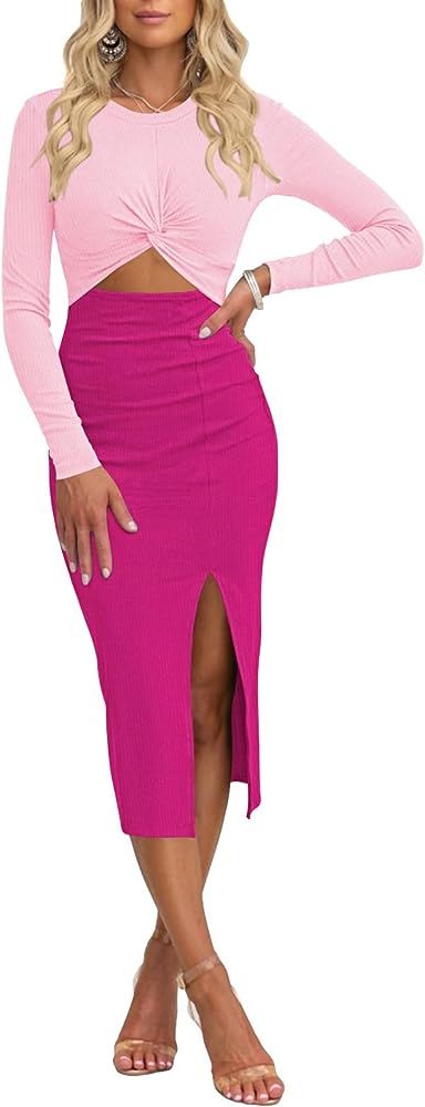 Pink Queen Women's Crew Neck Long Sleeve Midi Dress Cutout Twist Front Bodycon Slit Pencil Ribbed... | Amazon (US)