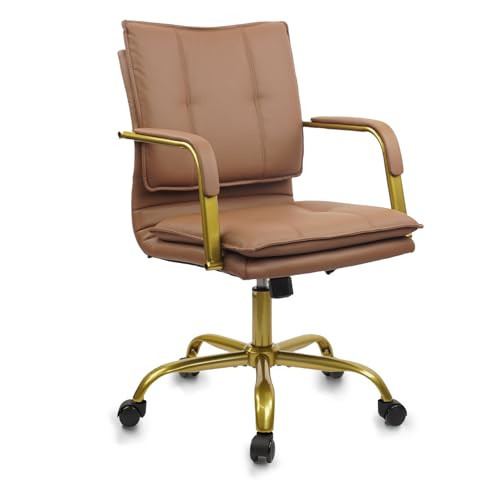 CLATINA Leather Home Office Desk Chairs, Swivel Mid-Back Computer Chair with Golden Legs and Arms, Comfy Upholstered Task Chair with Wheels, Brown | Amazon (US)