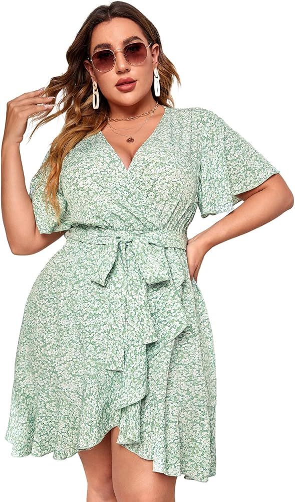 Floerns Women's Plus Size Floral Print Short Sleeve V Neck Ruffle Wrap Dress | Amazon (US)