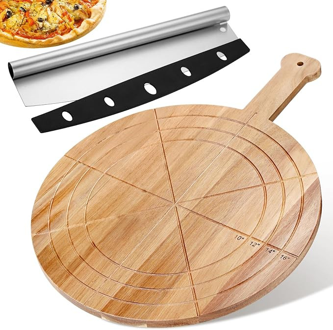 Pickmesh Pizza Cutter and Round Serving Board Gift Set 16 Inch Paddle Cutting Board with Handle S... | Amazon (US)