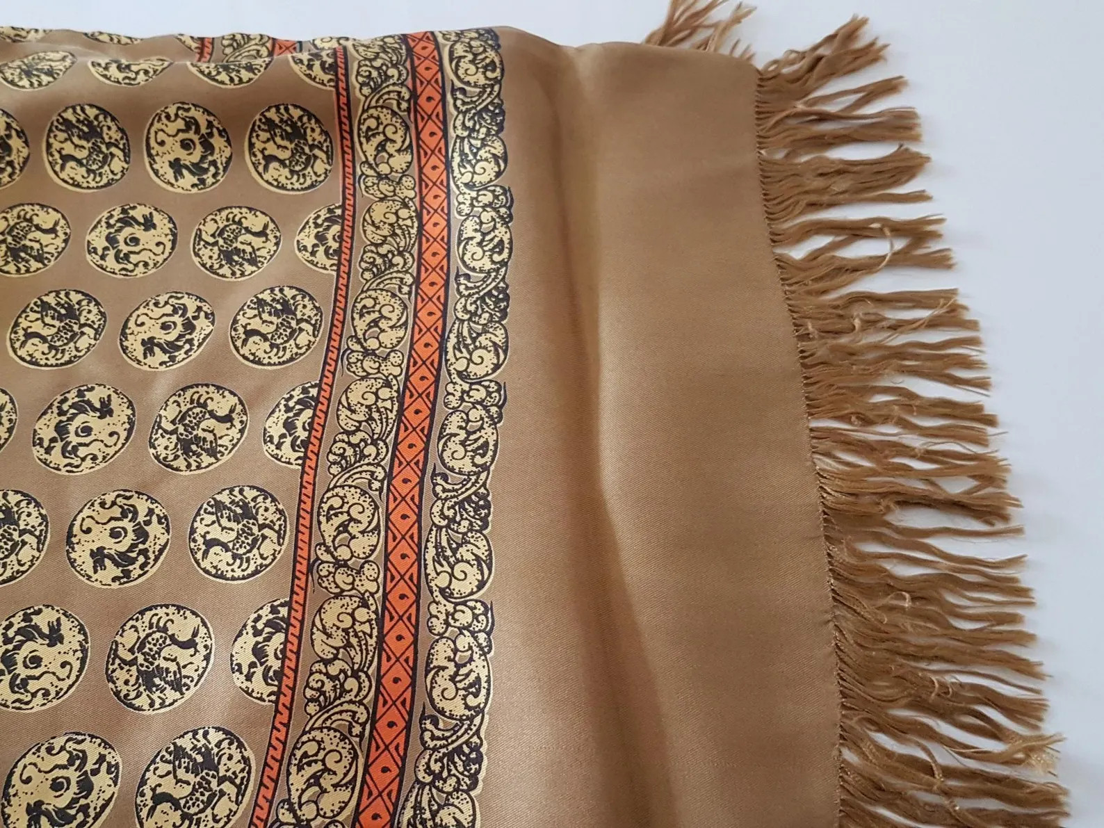 Long Vintage Silk Scarf, Khaki Fringe Shawl | Etsy (Global)