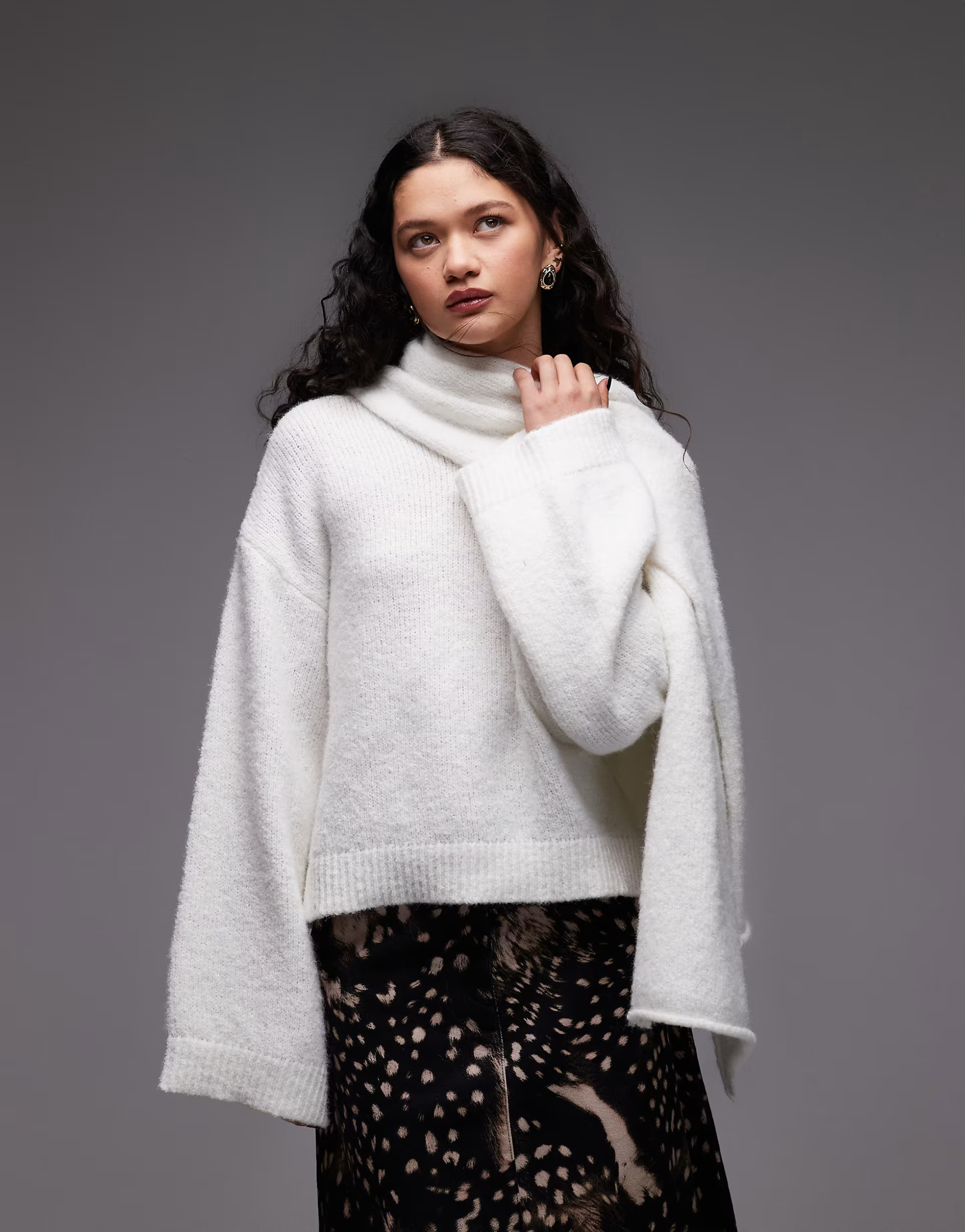 ASOS DESIGN knitted jumper with attached scarf with wool in cream | ASOS | ASOS (Global)