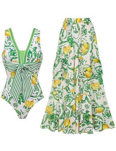 FLAXMAKER Women's One Piece Lemon Pattern V Neck Lace up Bow Tie Swimsuit and Ruffled Layered Skirt/Shorts (US, Alpha, Large, Regular, Regular, Swimsuit and Skirt) | Amazon (US)