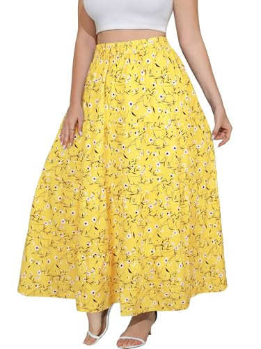 Younrui Women's Plus Size Maxi Skirt for Curvy Women Yellow Floral Elastic Waist Tiered Casual Bohemian Long Skirts(1XL-1029-Yellow Floral) | Amazon (US)