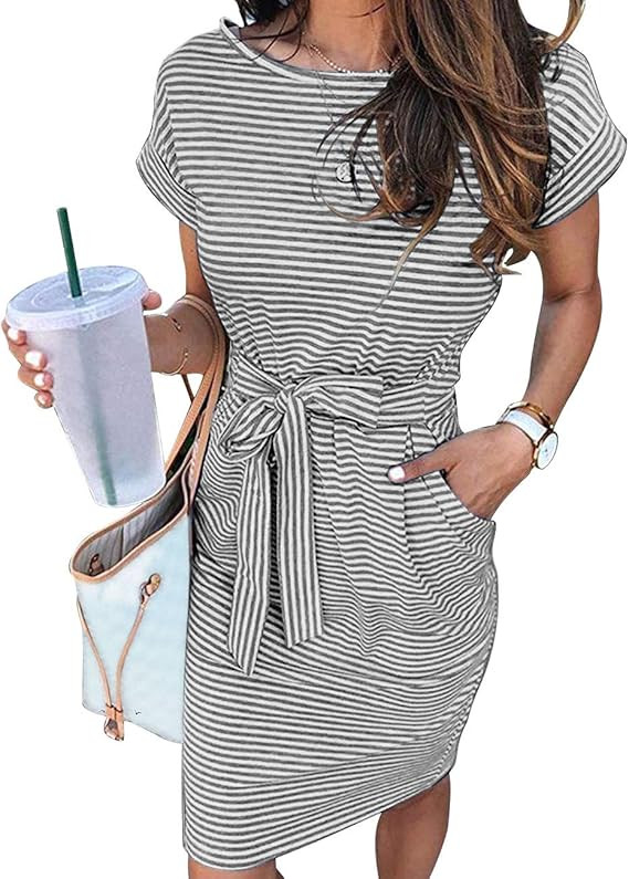 MEROKEETY Women's 2026 Summer Casual T Shirt Dress Short Sleeve Striped Tie Waist Work Vacation T... | Amazon (US)