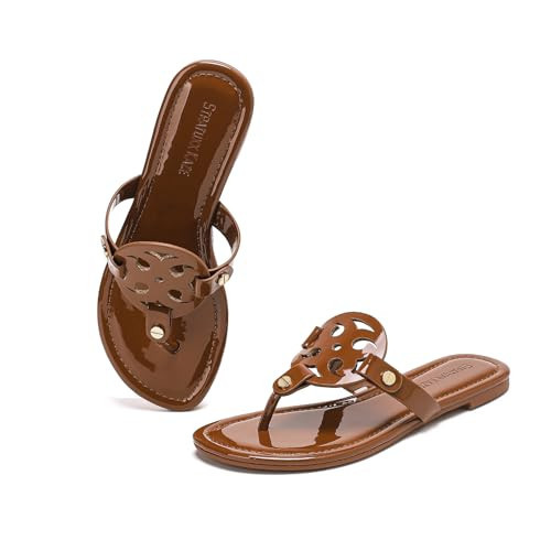 Stratuxx Kaze Women's Dressy Patent Leather Thong Sandals with Memory Foam,Comfy Beach Slides Slip On Flat Sandals for Women | Amazon (US)
