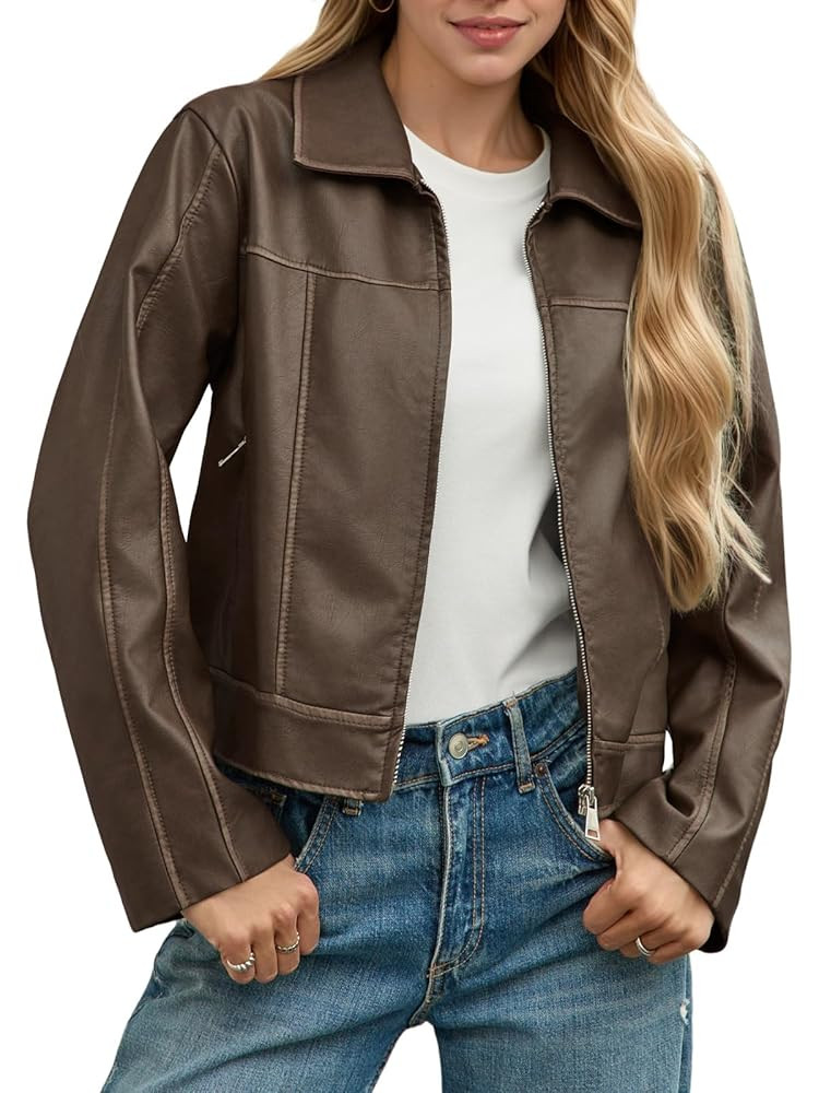 Yousify Womens Faux Leather Jacket Casual Zip Up Motorcycle Long Sleeve Collared Fall Cropped Coa... | Amazon (US)