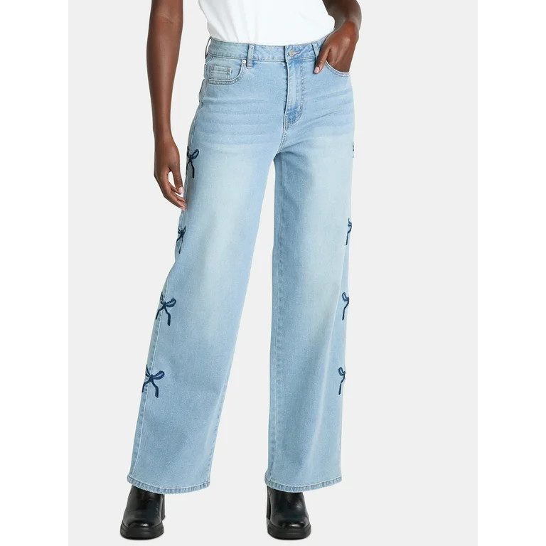 Madden NYC Women’s Ultra 90s Fit Jeans with Bow Embroidery, Sizes 0-18 | Walmart (US)