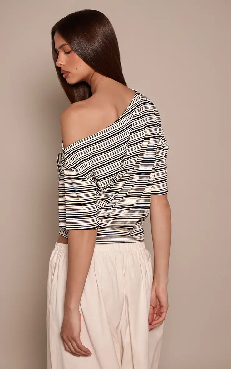 Black Soft Striped Rib Slouchy Top | PrettyLittleThing US