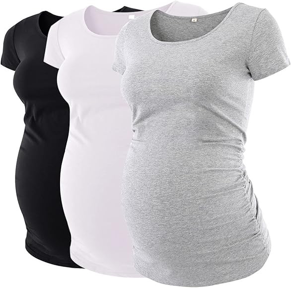 Liu & Qu Womens Maternity Tops Short Sleeve Round Neck Pregnancy Shirts 3 Packs | Amazon (US)