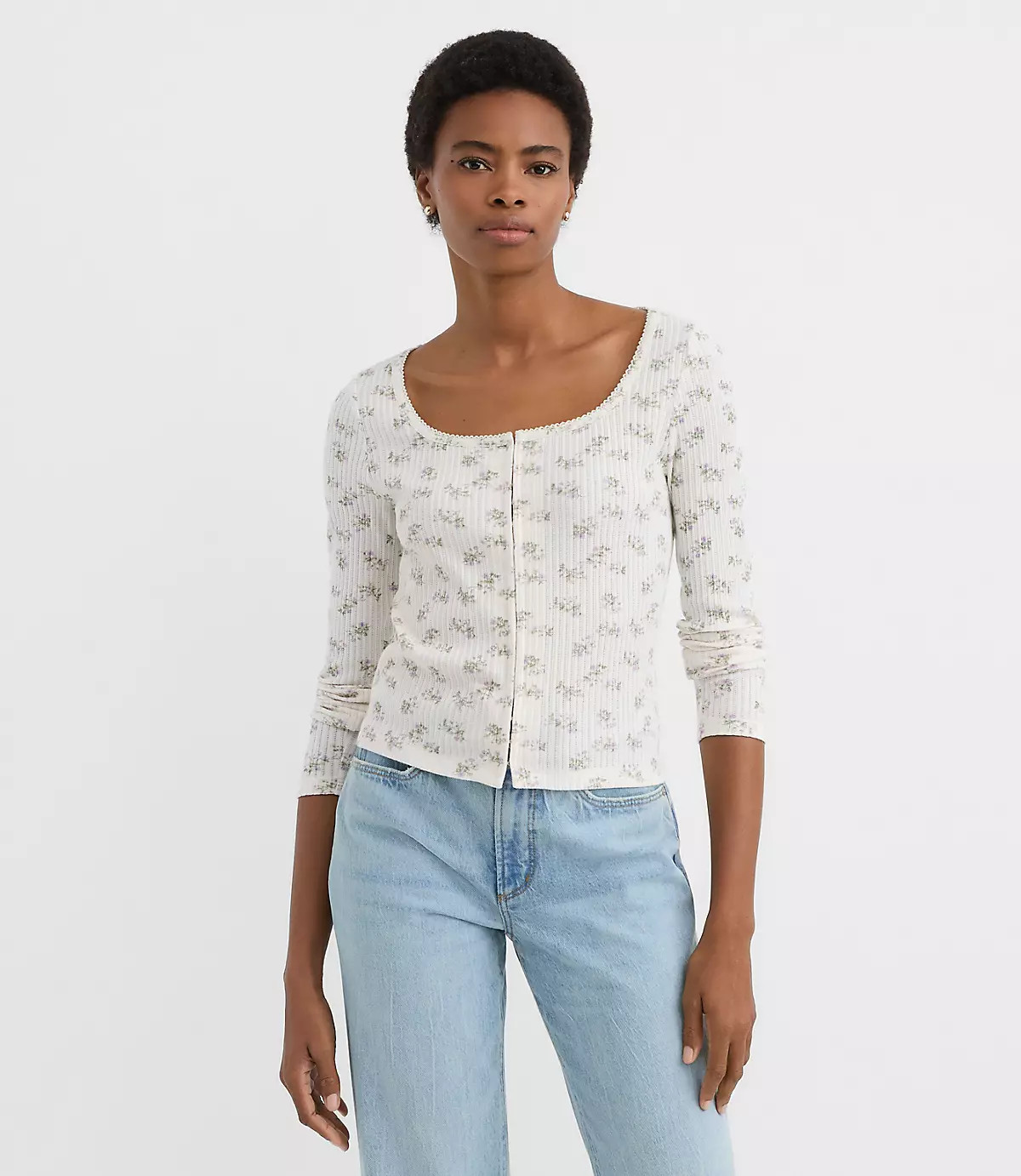 Floral Scalloped Ribbed Square Neck Cardigan | LOFT
