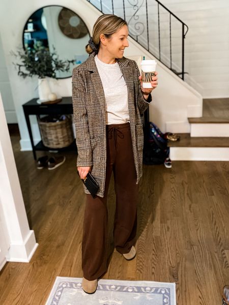 Felt trendy this morning so I asked my husband to snap this on my way out to get waxed! 😂 everything is tts and soft as could be! 
Plaid blazer/coat
Wide leg lounge pants 
Baby tee in gray
Suede clogs/Birkenstocks 
Designer YSL pouch


#LTKunder50 #LTKsalealert #LTKstyletip