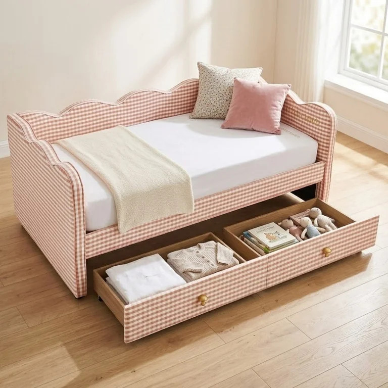 Twin Size Cozy Gingham Daybed with 2 Storage Drawers, Wave Shaped Linen Fabric Sofa Bed with USB ... | Walmart (US)