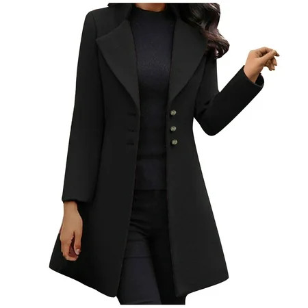 Lyinloo Women Fashion Long Sleeve Woolen Lapel Solid Color Long Jacket Coat Black XXXL | Walmart (US)
