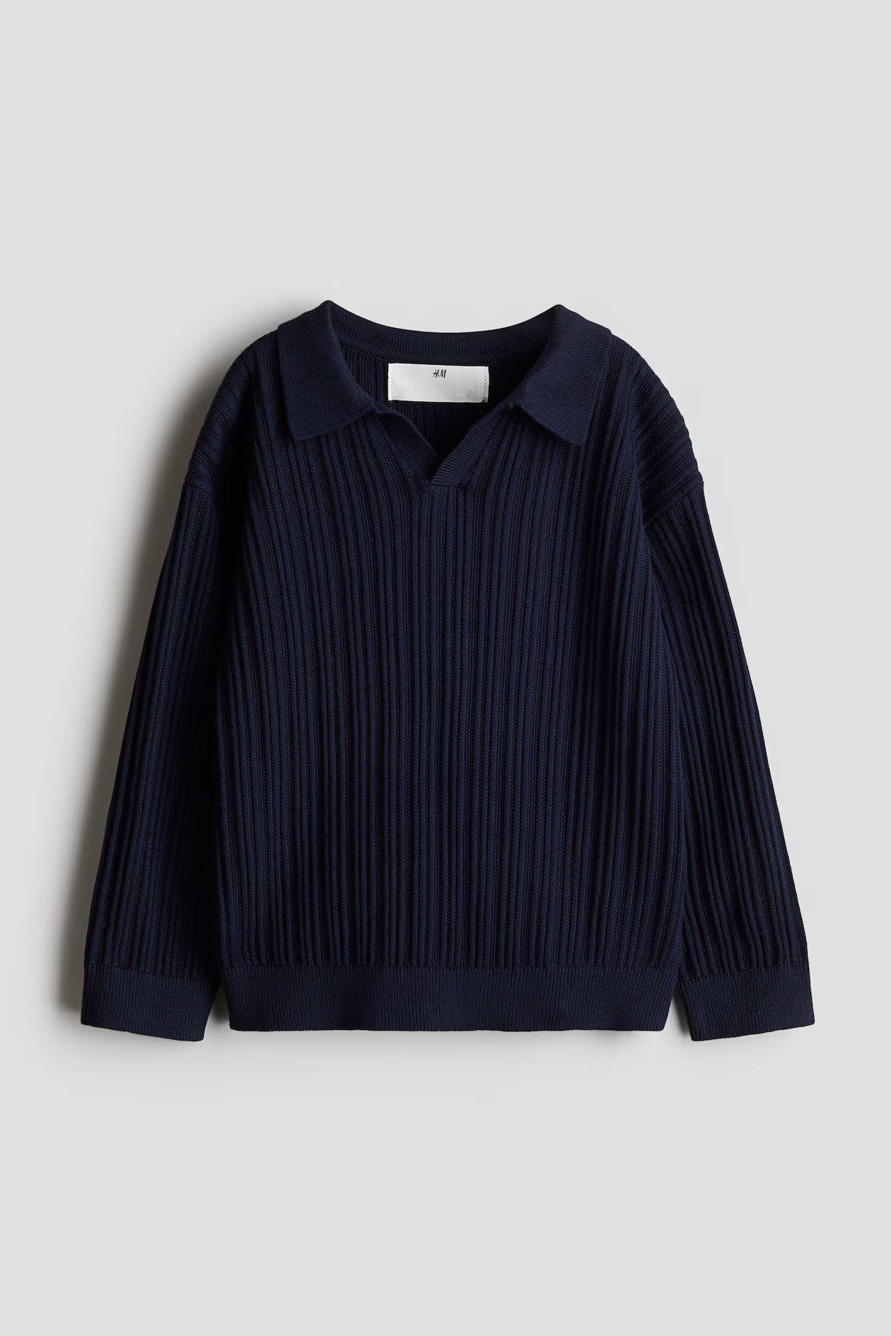 Rib-Knit Cotton Polo Sweater - Round Neck - Long sleeve - Navy blue - Kids | H&M US | H&M (US + CA)